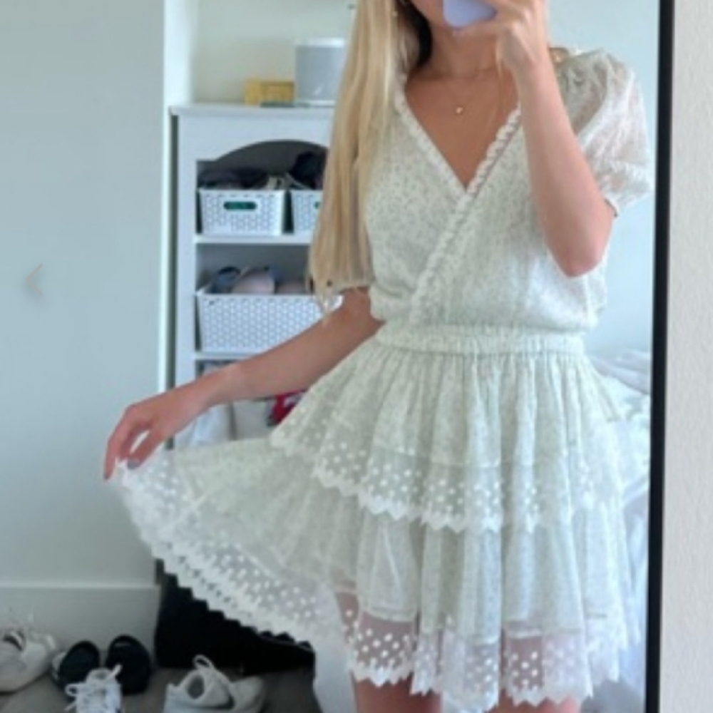 NWT Lait Ivory Tiered Ruffled Lace Mini Dress Size XS